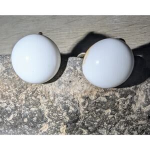 Vtg Crown Trifari Clip On Earrings White Button Dome Gold Tone MCM 50s Dressy